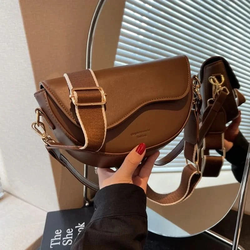 Vintage Saddle PU Leather Shoulder Bag - Solid-Color Minimalist Crossbody