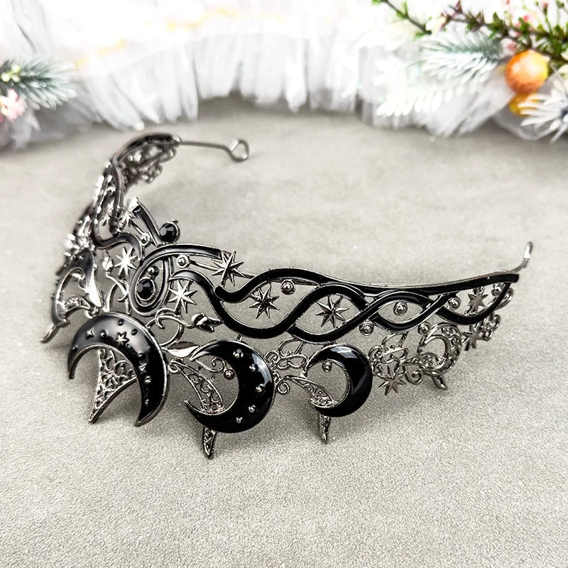 Gothic Moon & Star Tiara | Silver‑Black Celestial Crown