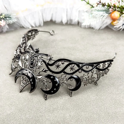 Gothic Moon & Star Tiara | Silver‑Black Celestial Crown
