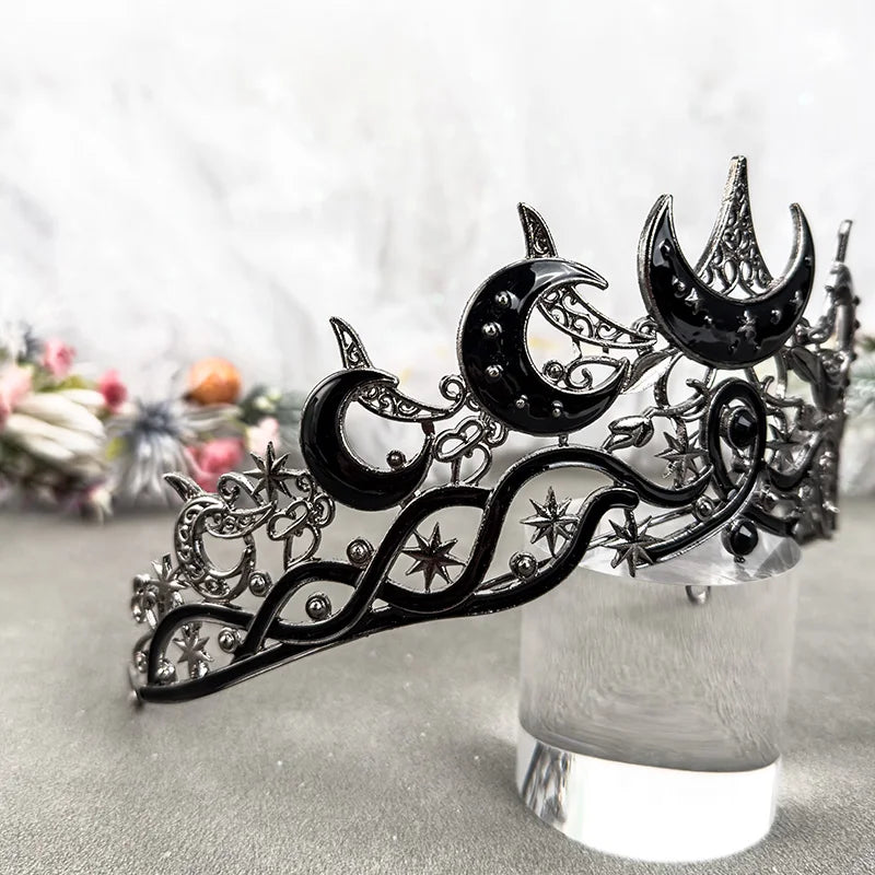 Gothic Moon & Star Tiara | Silver‑Black Celestial Crown