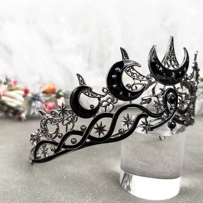 Gothic Moon & Star Tiara | Silver‑Black Celestial Crown