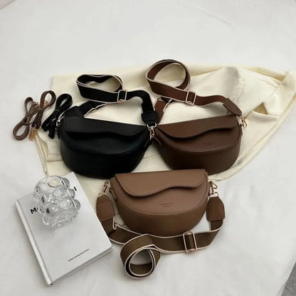 Vintage Saddle PU Leather Shoulder Bag - Solid-Color Minimalist Crossbody