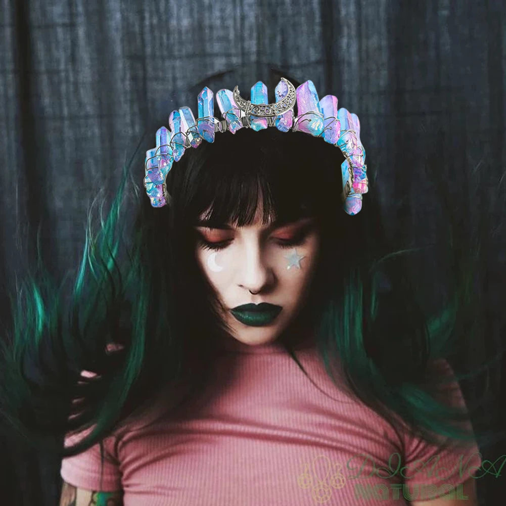 Rainbow Crystal Crown Tiara | Handmade Raw Gemstone Hair Hoop with Crescent Moon