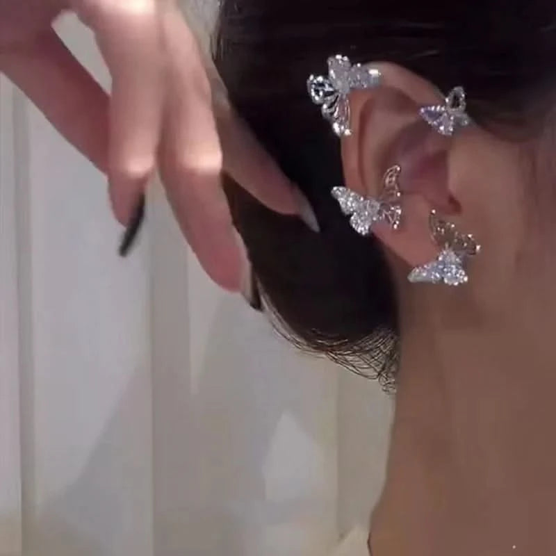 Leaf Ear Cuff Studs - Sparkling Cubic Zirconia, Silver-Tone Lightweight Earrings