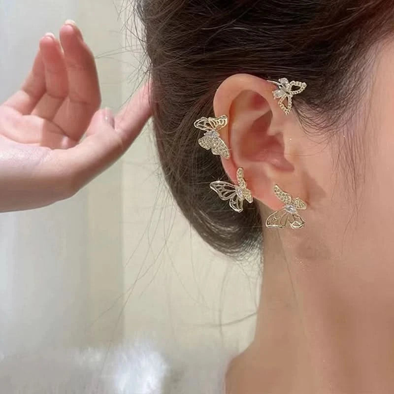 Leaf Ear Cuff Studs - Sparkling Cubic Zirconia, Silver-Tone Lightweight Earrings