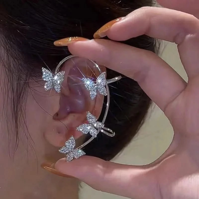 Leaf Ear Cuff Studs - Sparkling Cubic Zirconia, Silver-Tone Lightweight Earrings