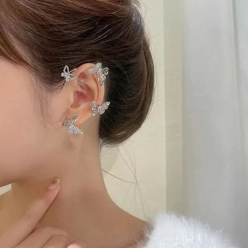 Leaf Ear Cuff Studs - Sparkling Cubic Zirconia, Silver-Tone Lightweight Earrings
