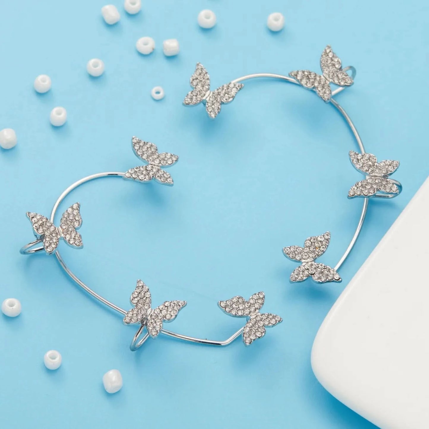 Leaf Ear Cuff Studs - Sparkling Cubic Zirconia, Silver-Tone Lightweight Earrings