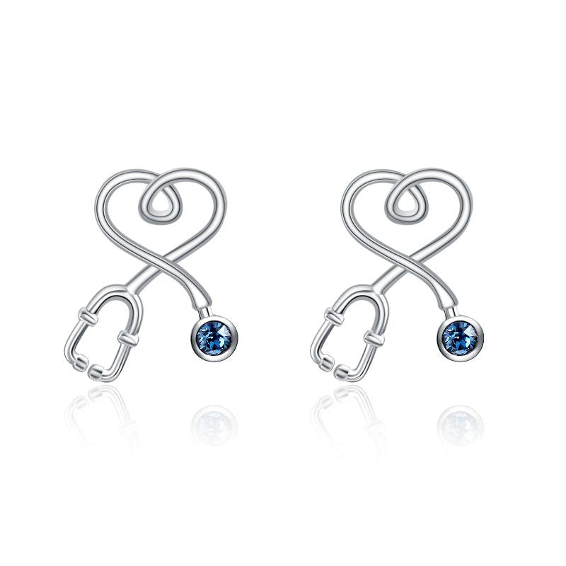 S925 Sterling Silver Stethoscope Heart Stud Earrings | White‑Gold Plated Medical Jewelry with Crystal Accent