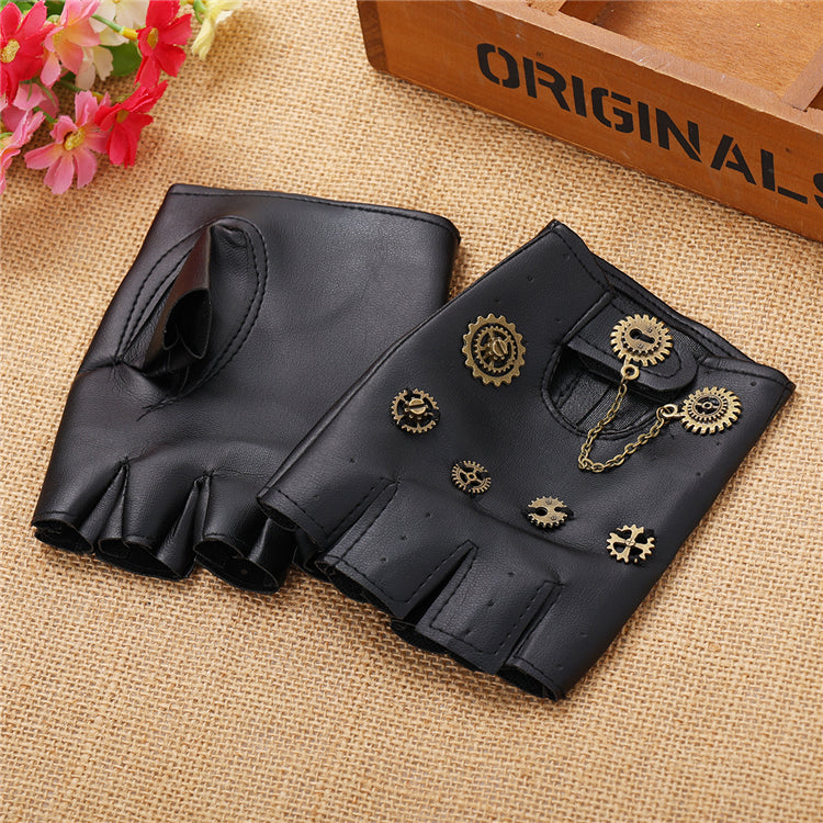 Steampunk Fingerless Gloves with Gears | PU Leather Punk Cosplay Gloves