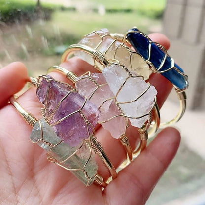 Raw crystal wire-wrapped open cuff bracelet — main view