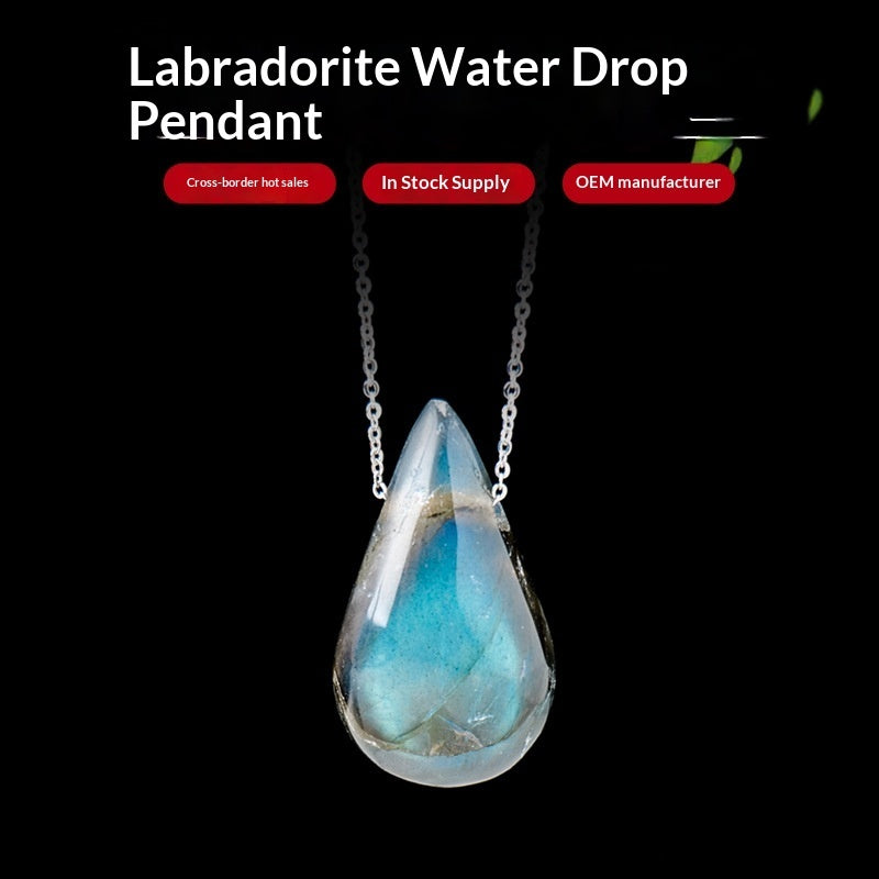 Natural Labradorite Waterdrop Pendant Necklace — Polished Gemstone Drop with Custom Chain Options